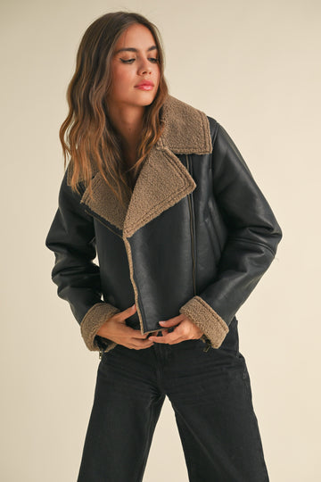 Faux Leather Sherpa Collar Jacket