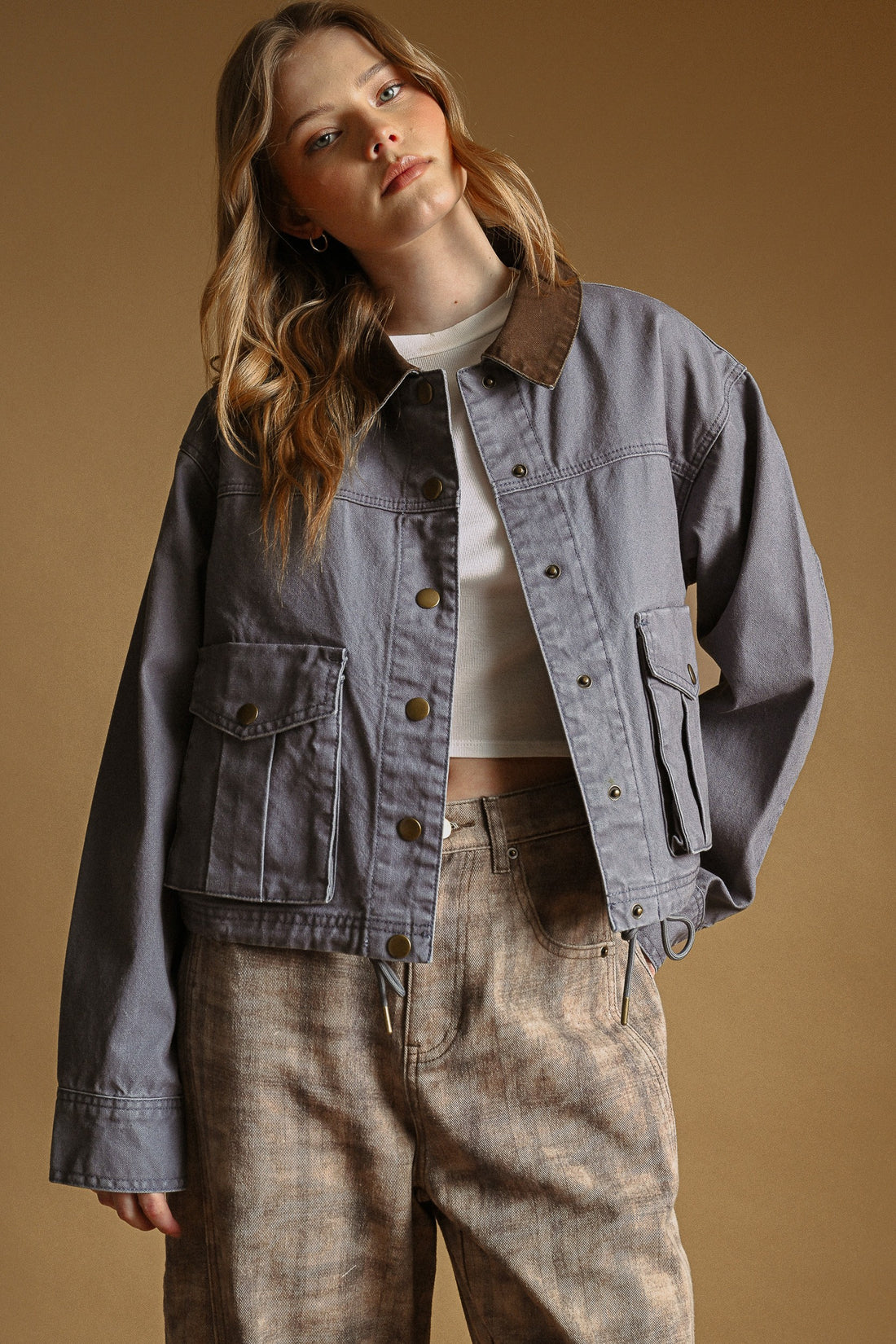 Denim Blue contrast-collar cropped utility jacket, front view on model