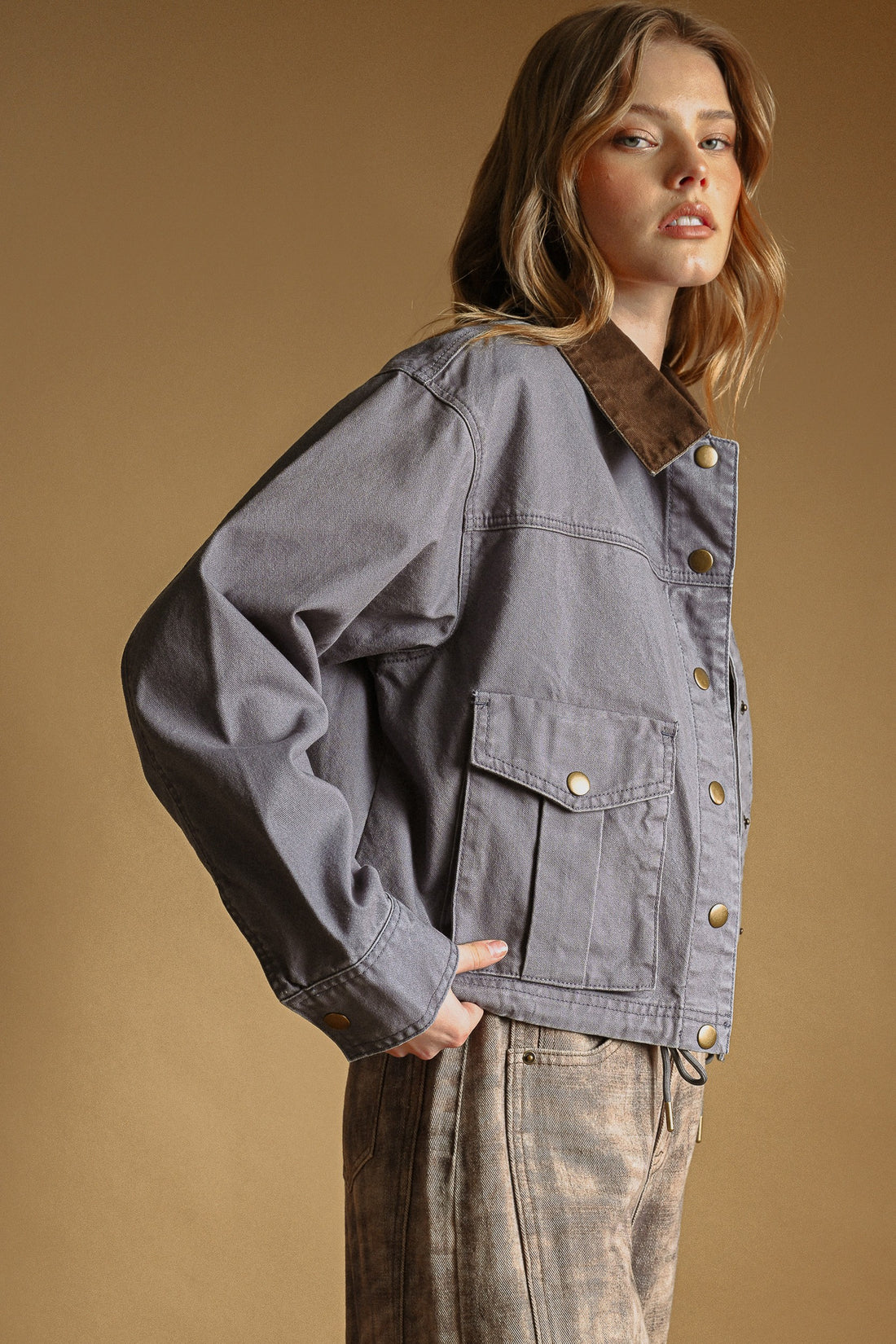 Denim Blue contrast-collar utility jacket, angled front view on model
