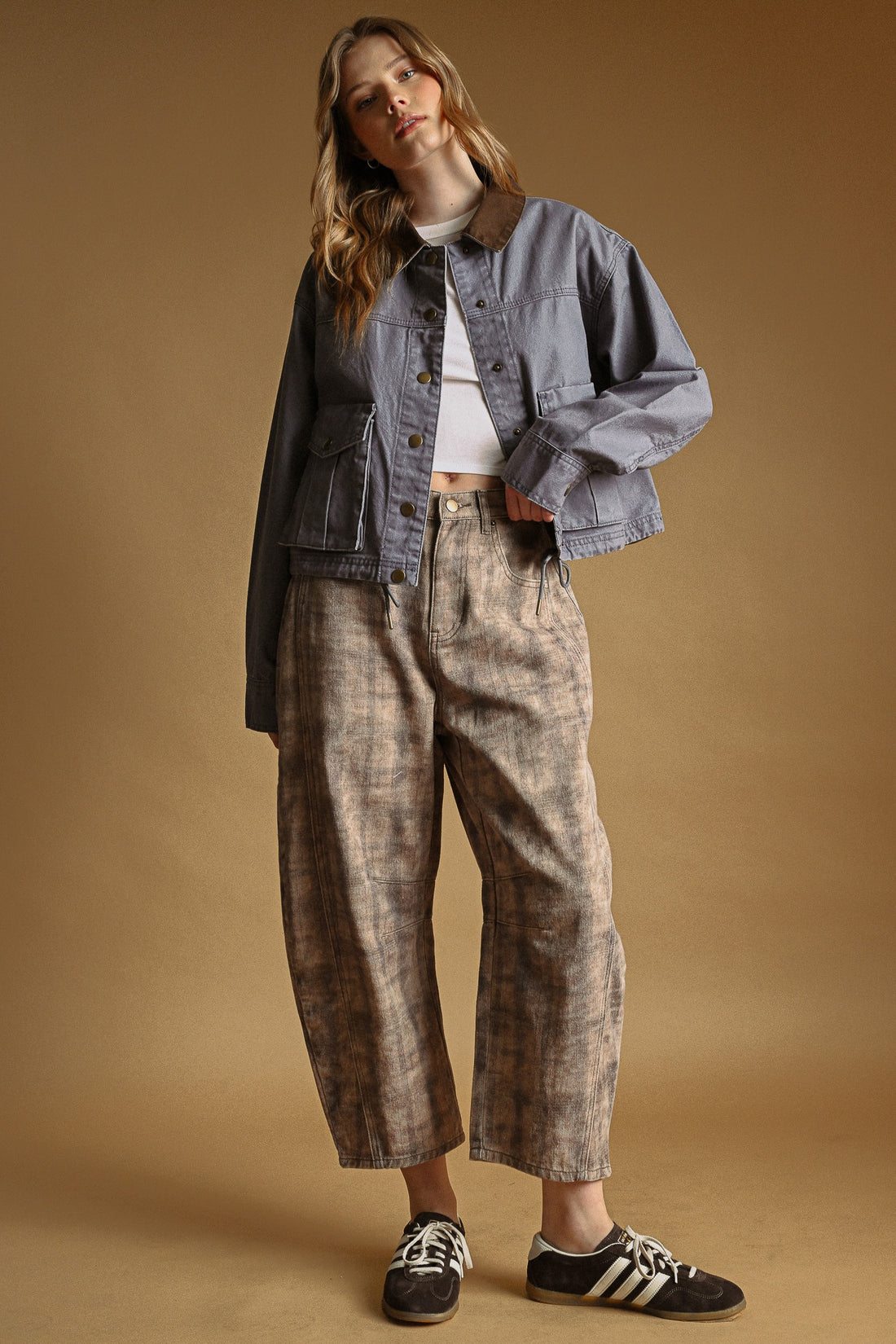 Denim Blue contrast-collar utility jacket, full-length front view on model
