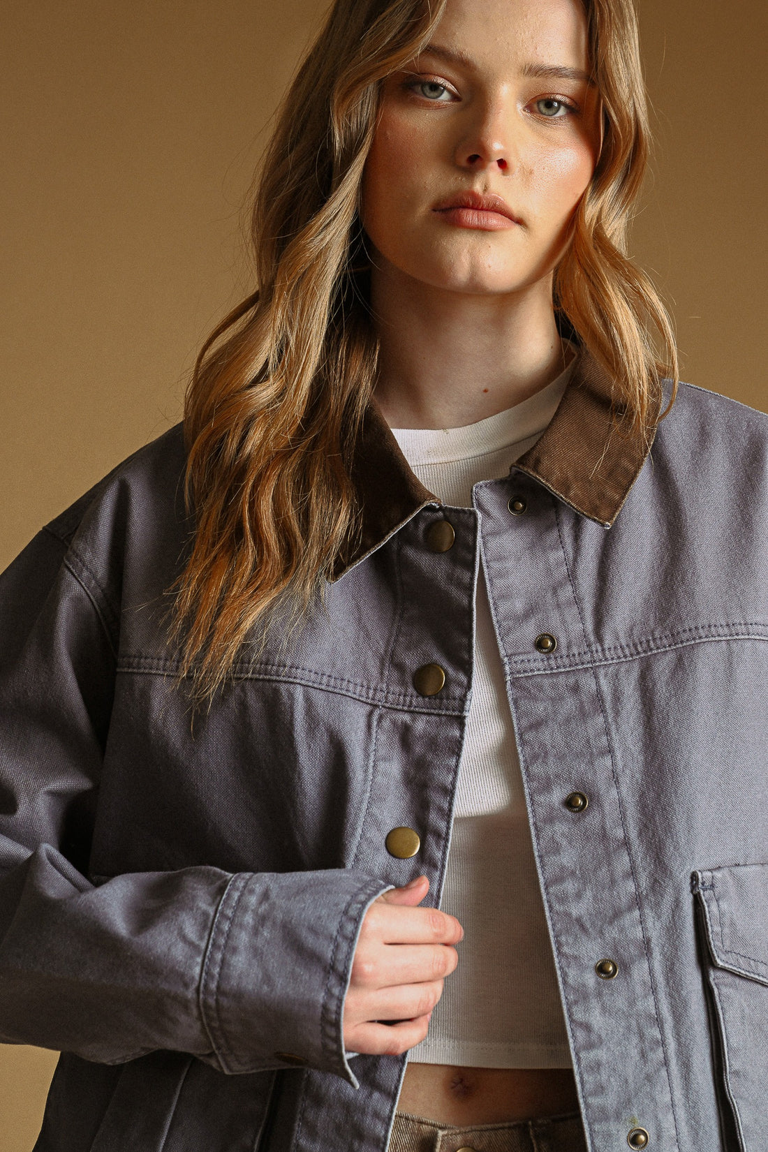 Denim Blue utility jacket with corduroy collar and button front, close-up