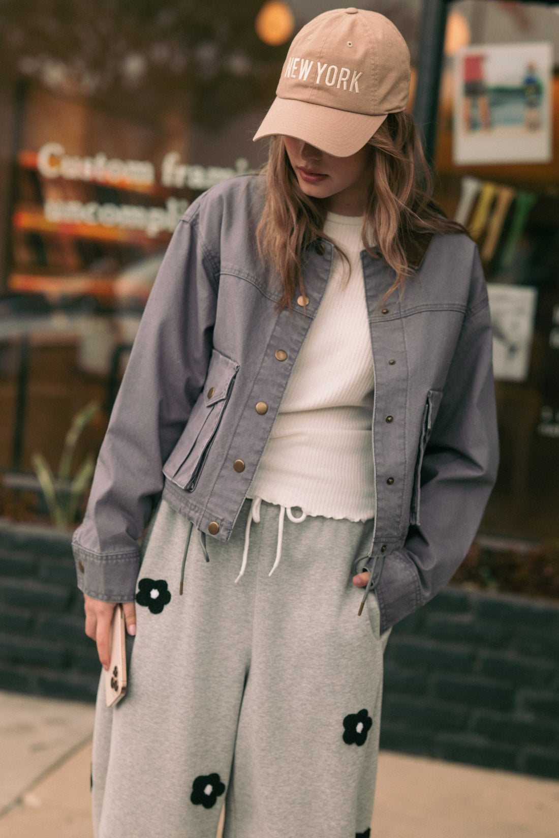 Denim Blue contrast-collar utility jacket styled outdoors, angled front view