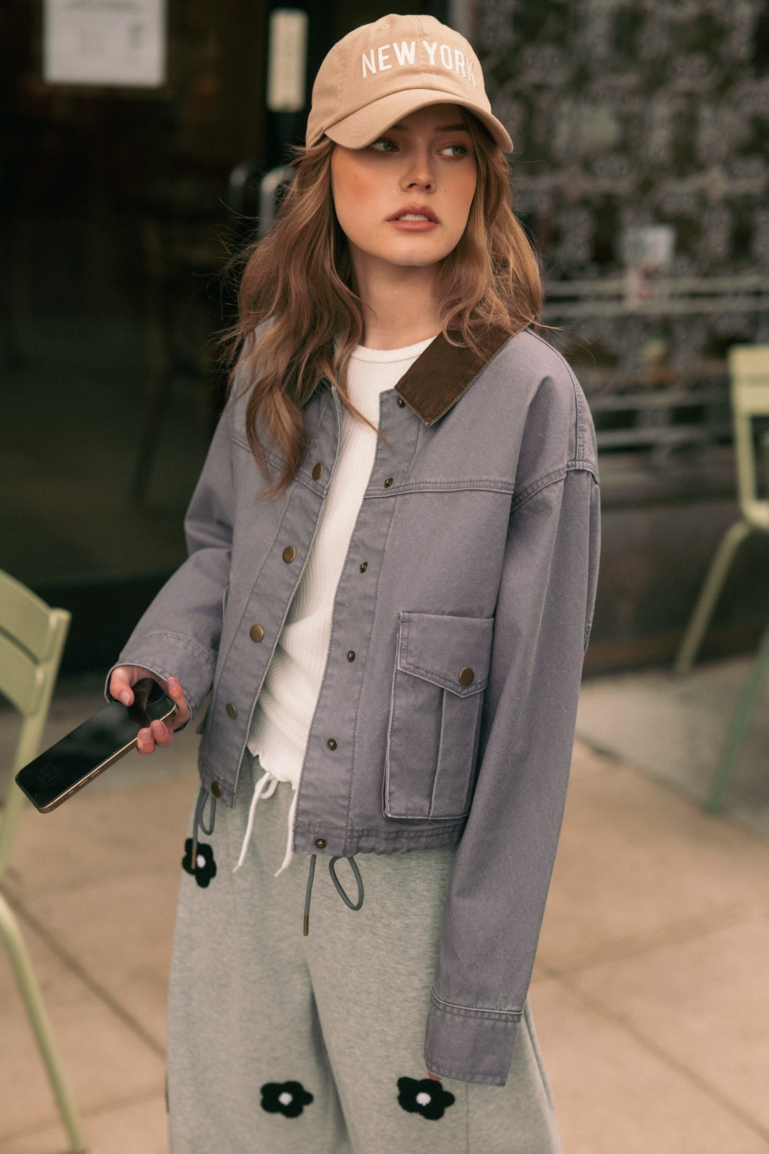 Denim Blue button-front utility jacket styled outdoors, front view