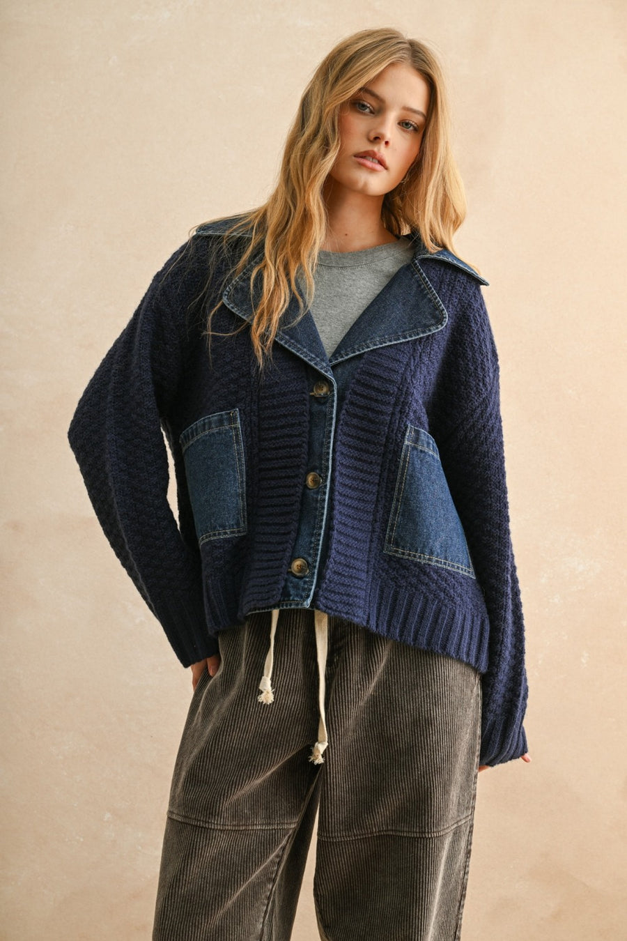 Denim Contrast Textured Knit Cardigan