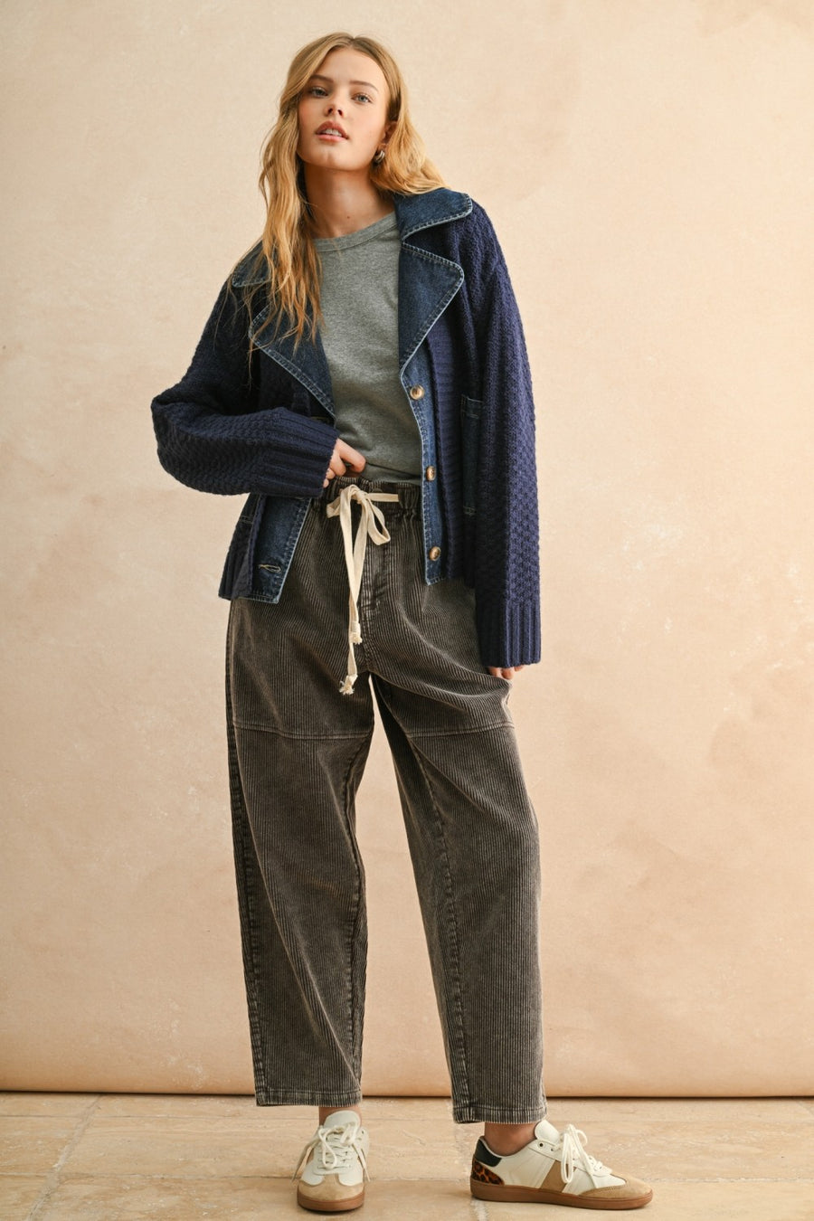 Denim Contrast Textured Knit Cardigan