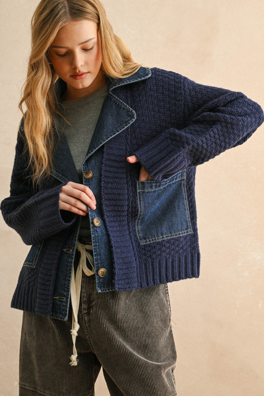 Denim Contrast Textured Knit Cardigan