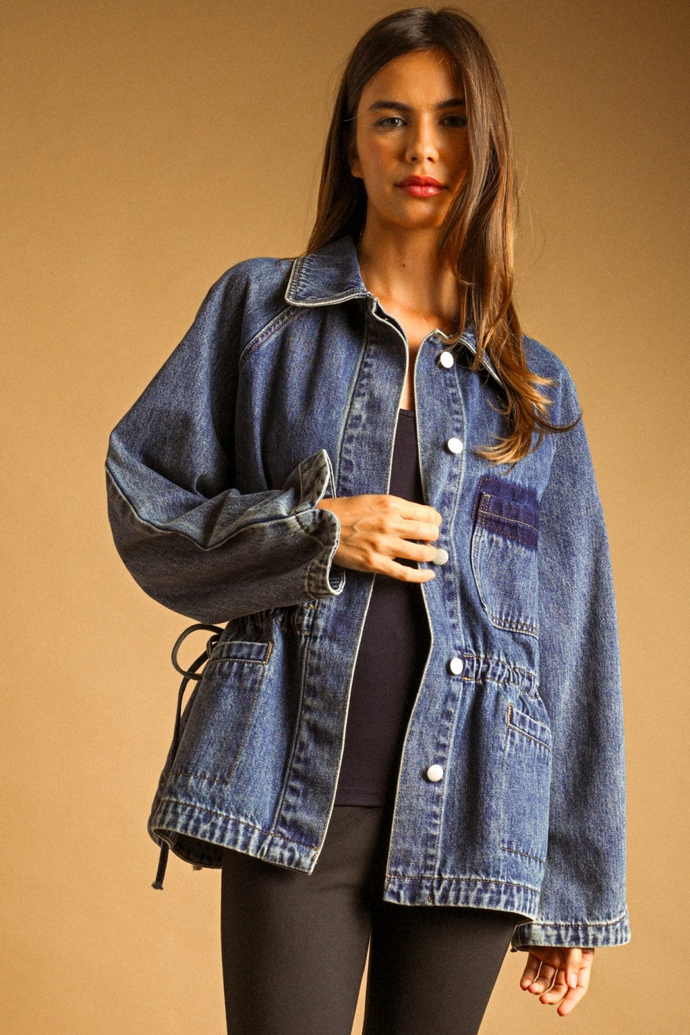 Drawstring Waist Utility Denim Oversized Jacket