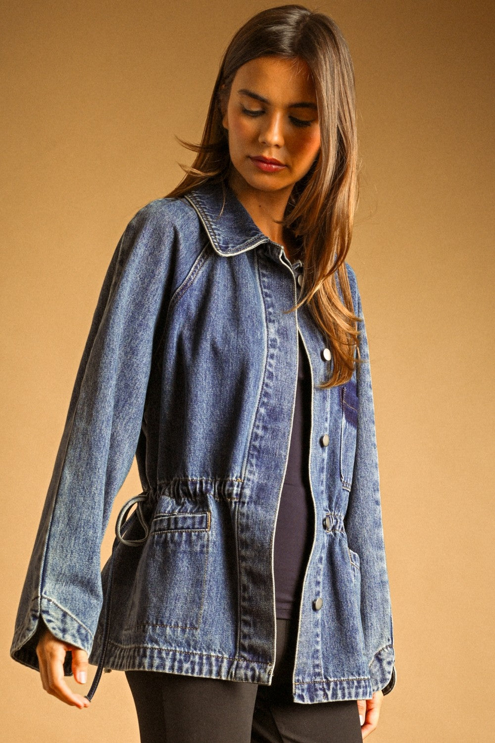 Drawstring Waist Utility Denim Oversized Jacket