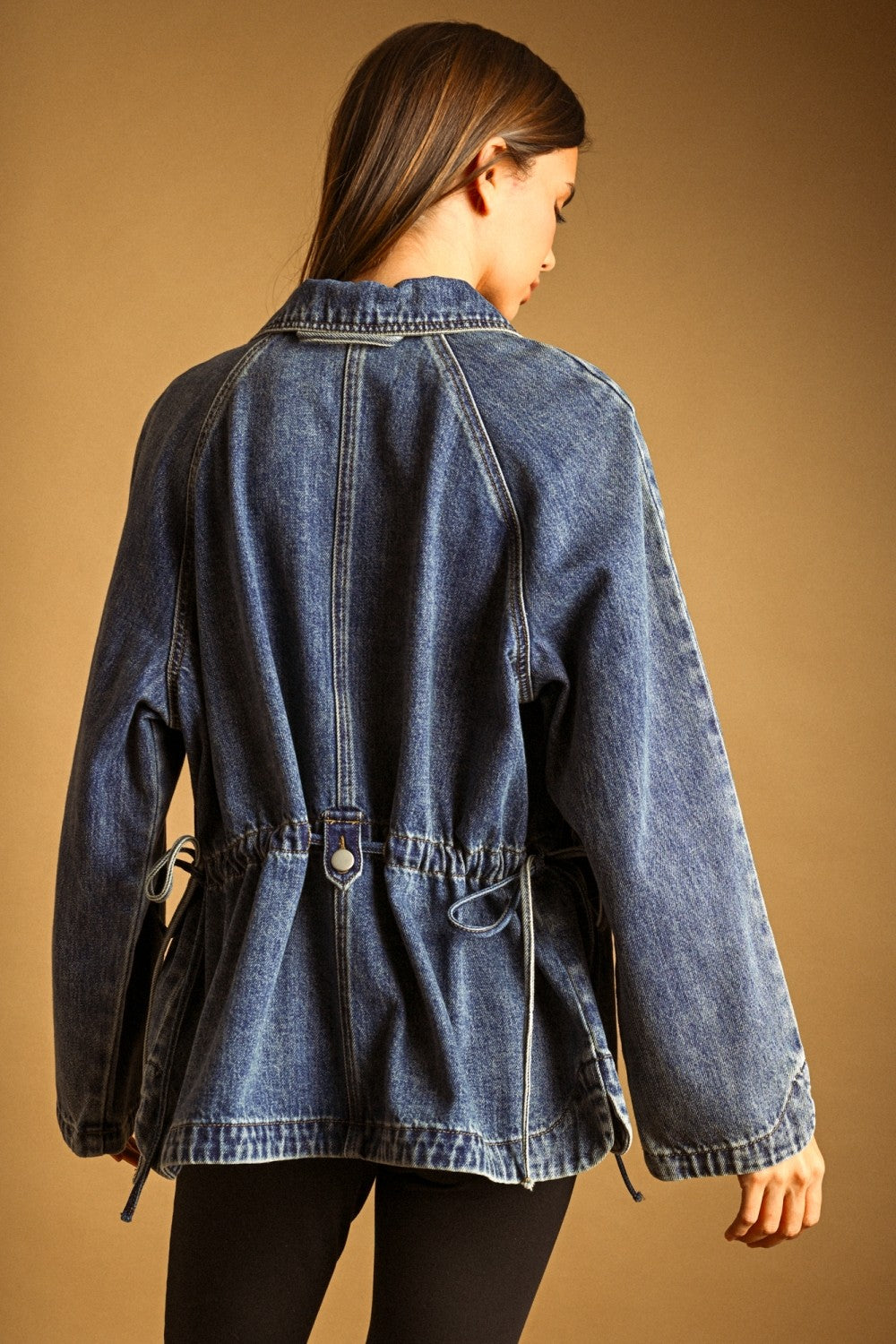 Drawstring Waist Utility Denim Oversized Jacket