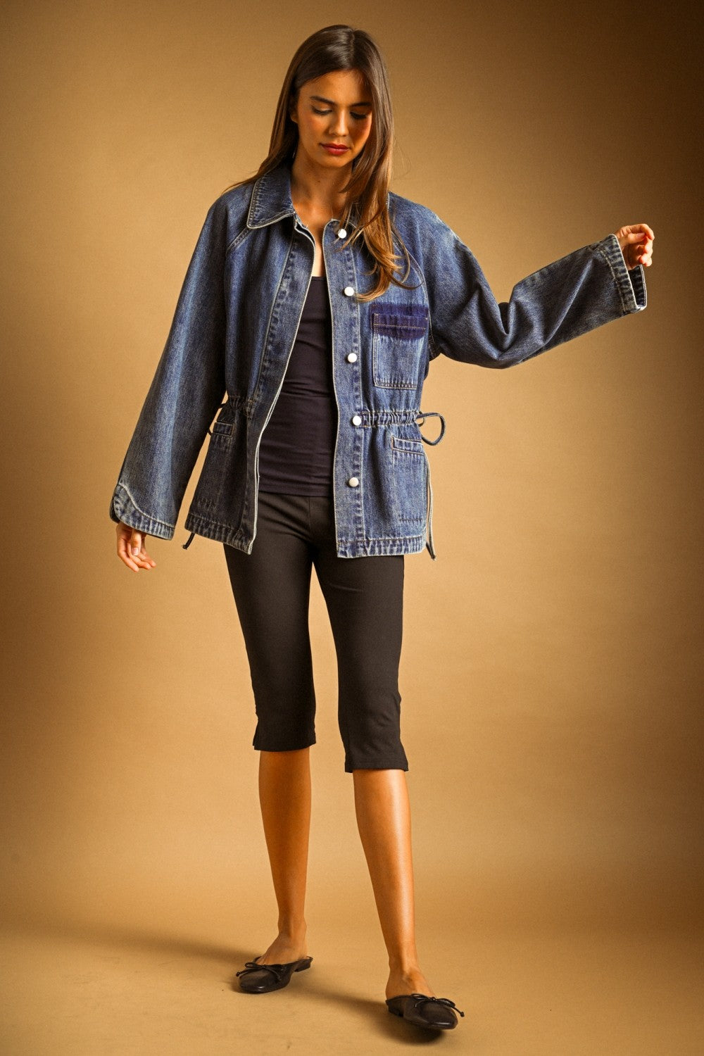 Drawstring Waist Utility Denim Oversized Jacket