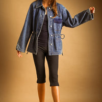 Drawstring Waist Utility Denim Oversized Jacket