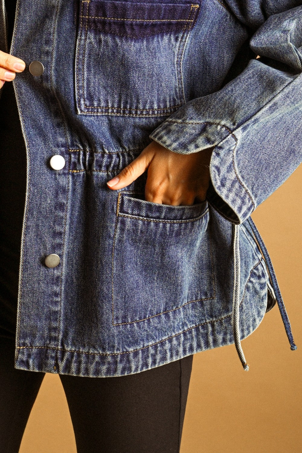 Drawstring Waist Utility Denim Oversized Jacket