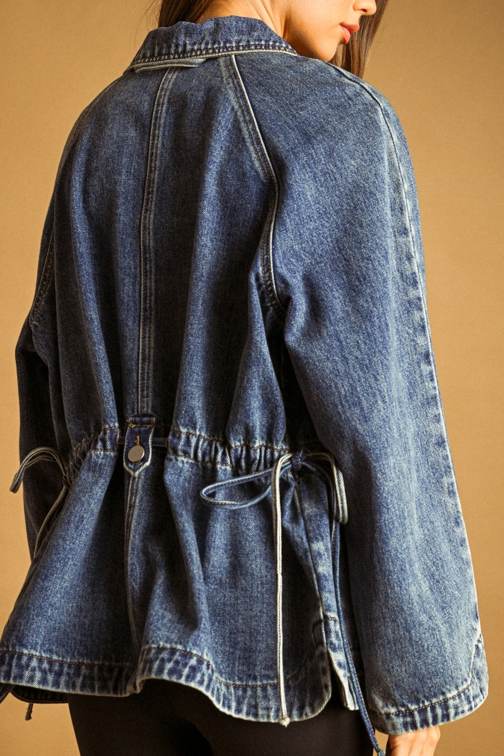 Drawstring Waist Utility Denim Oversized Jacket