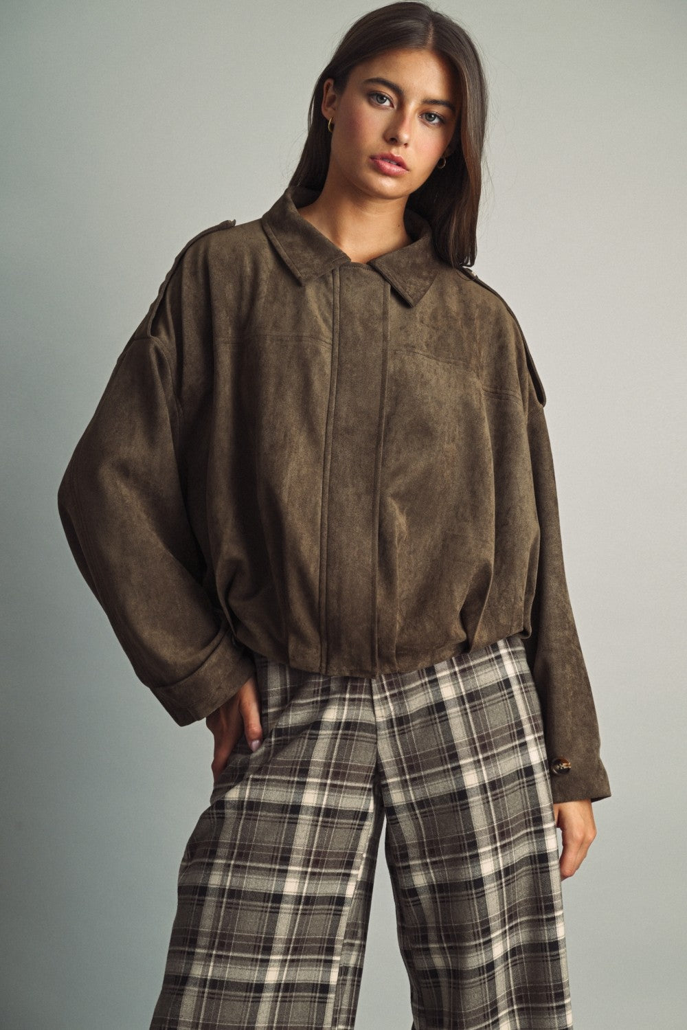 Faux Suede Oversized Bomber Jacket