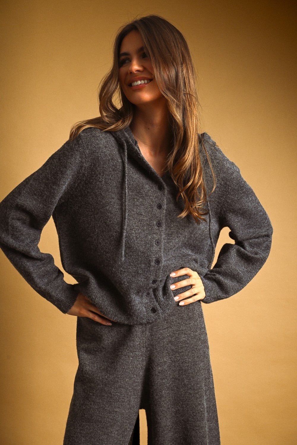 Charcoal Hooded Button Front Knit Cardigan