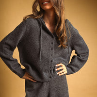 Charcoal Hooded Button Front Knit Cardigan