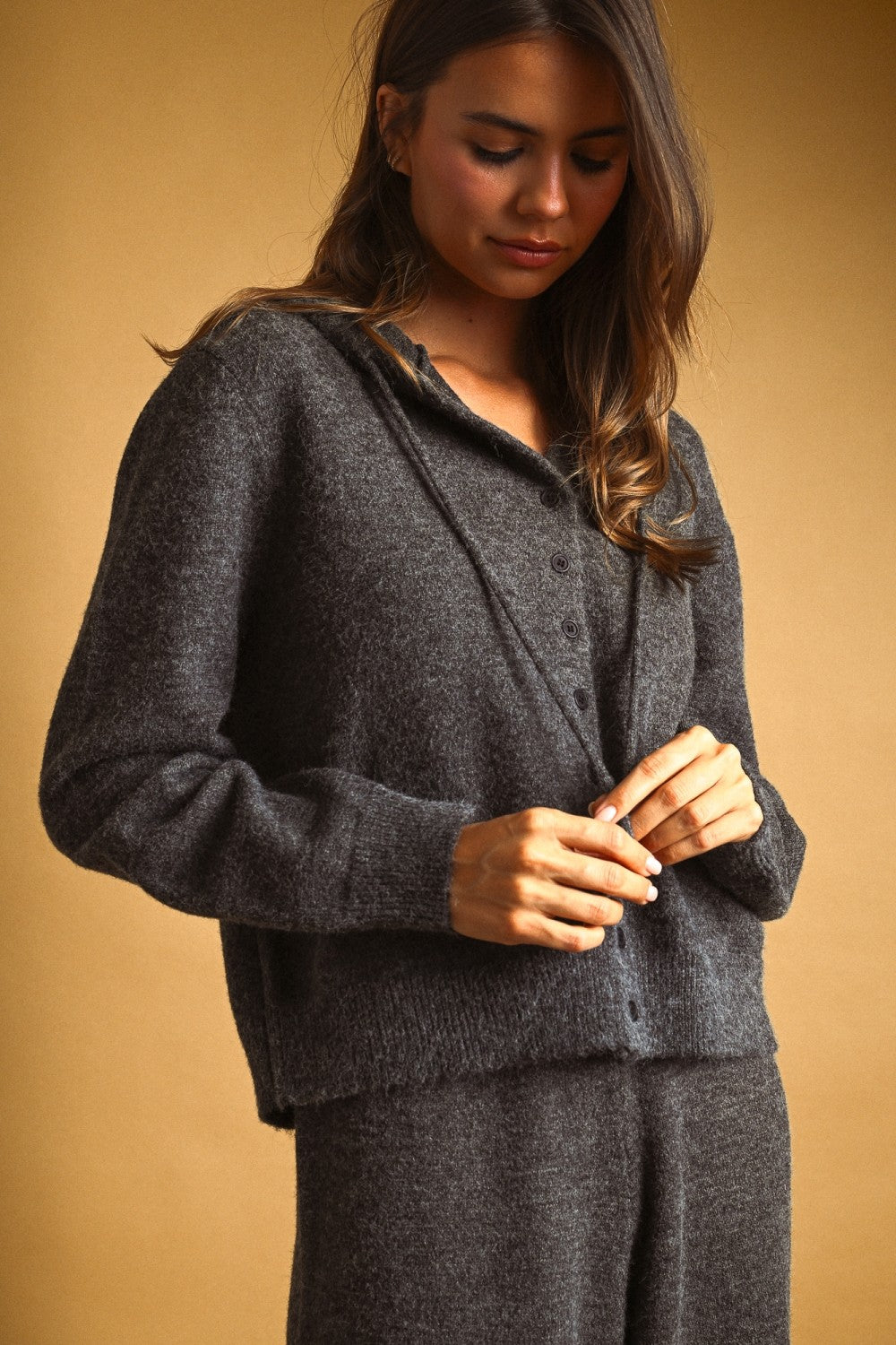 Charcoal Hooded Button Front Knit Cardigan