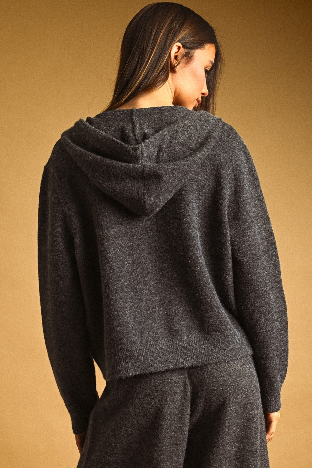 Charcoal Hooded Button Front Knit Cardigan
