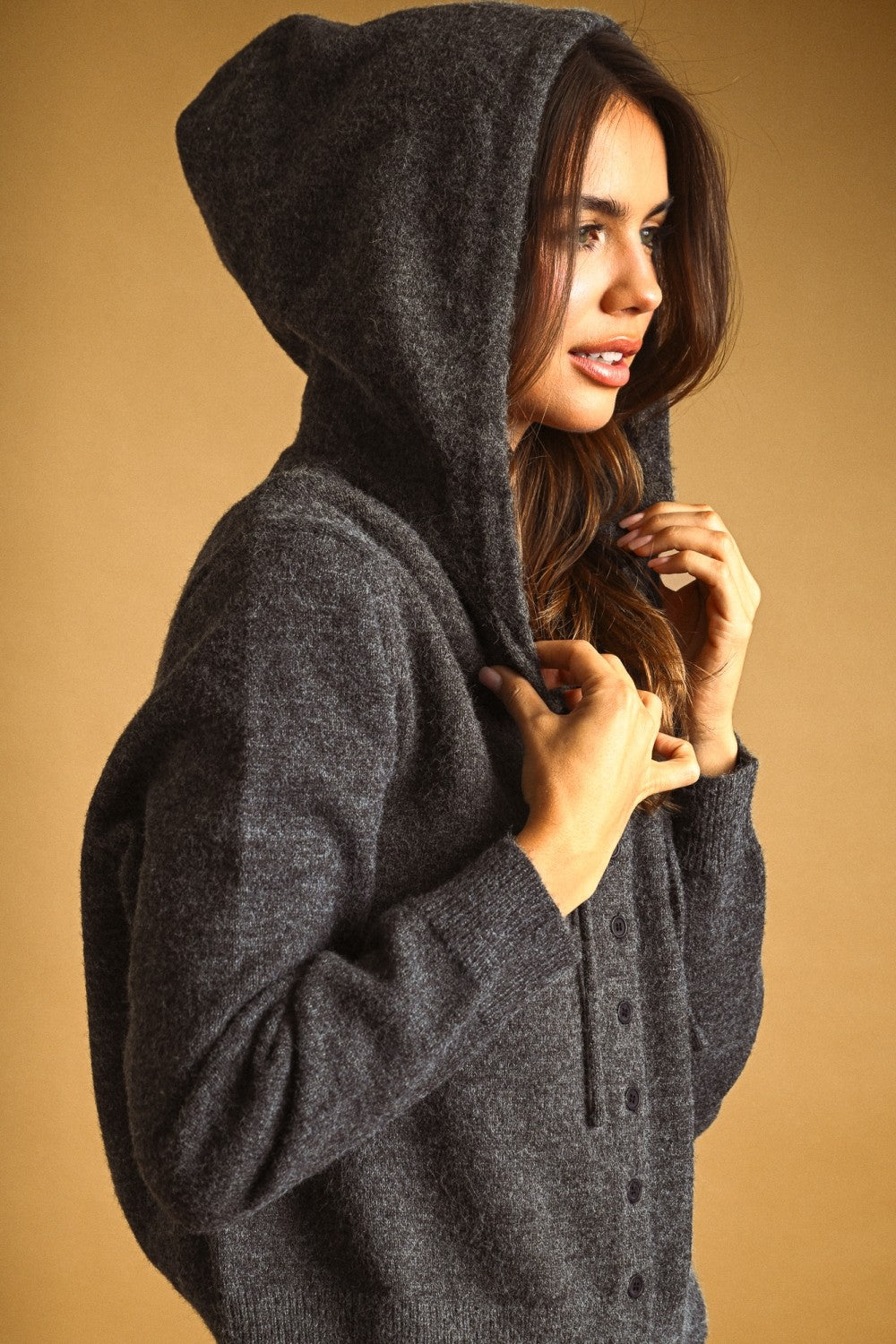 Charcoal Hooded Button Front Knit Cardigan