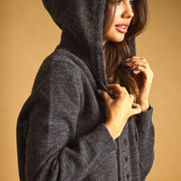 Charcoal Hooded Button Front Knit Cardigan
