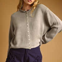 Aurora Grey button-front knit cardigan, front view on model