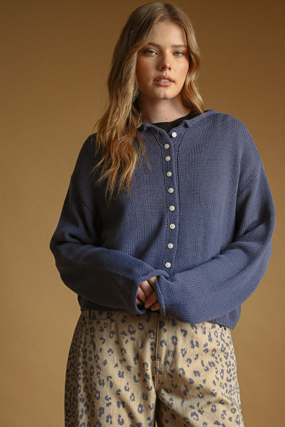 Nightfall button-front knit cardigan, front view on model