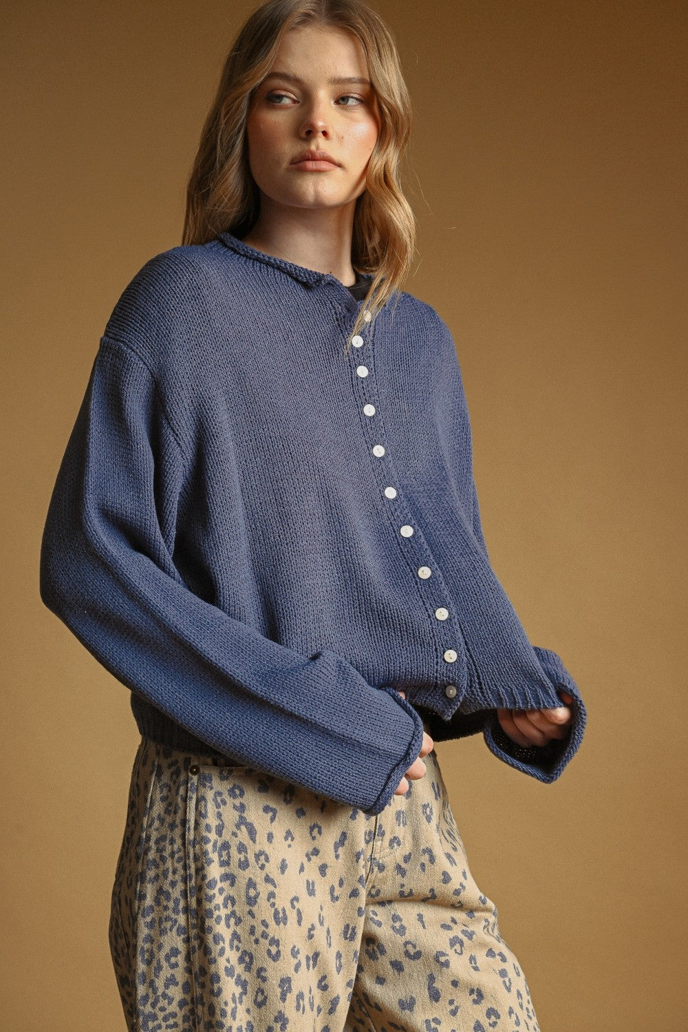 Nightfall button-front knit cardigan, angled front view on model