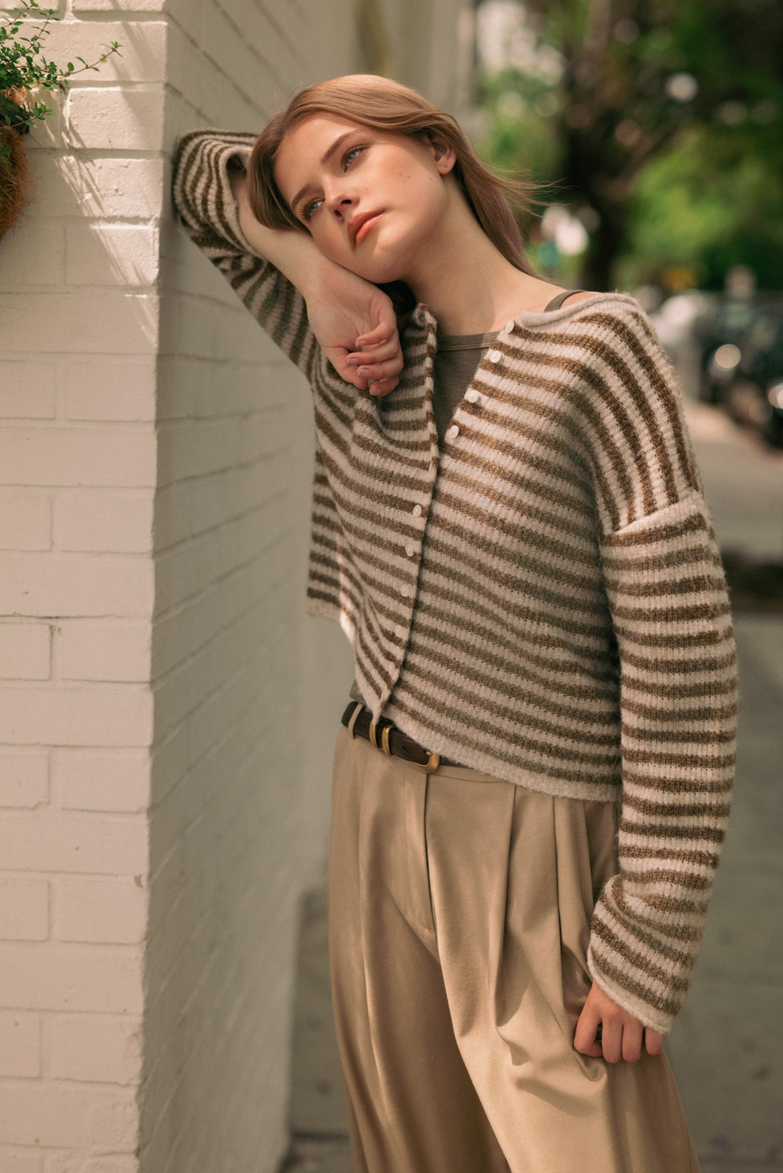 Relaxed Striped Button-Front Knit Cardigan
