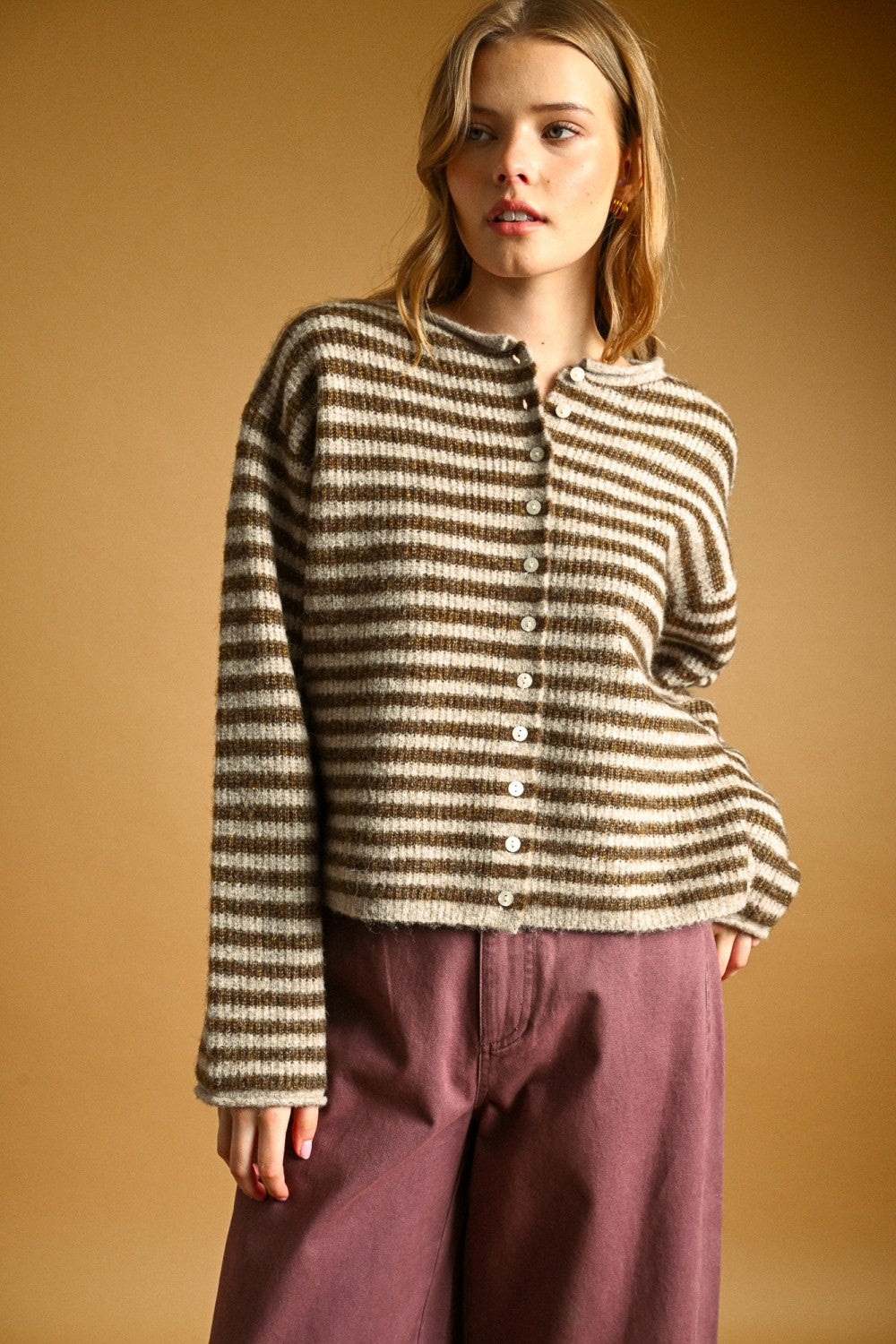 Relaxed Striped Button-Front Knit Cardigan