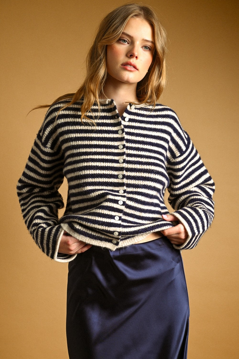 Relaxed Striped Button-Front Knit Cardigan