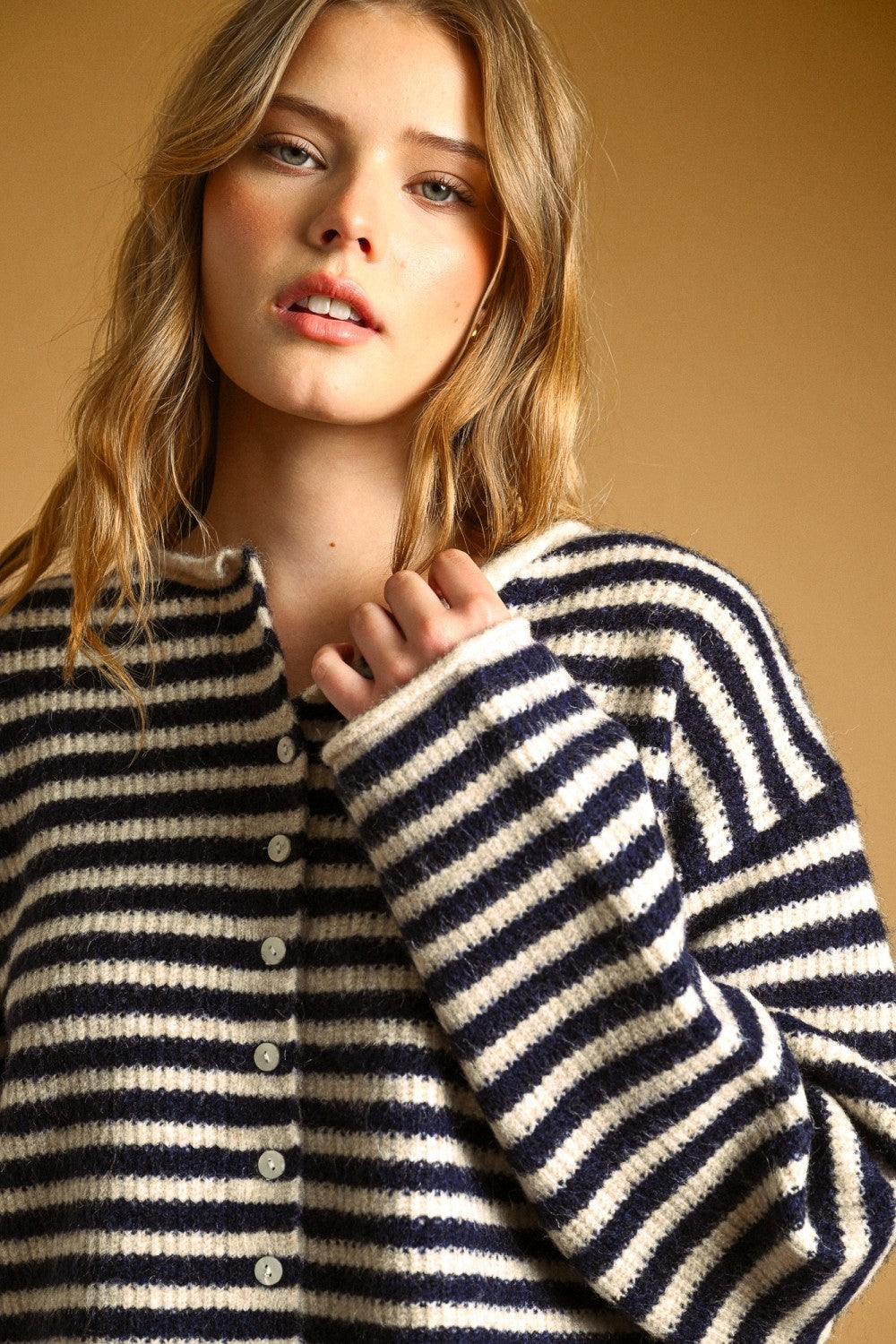 Relaxed Striped Button-Front Knit Cardigan