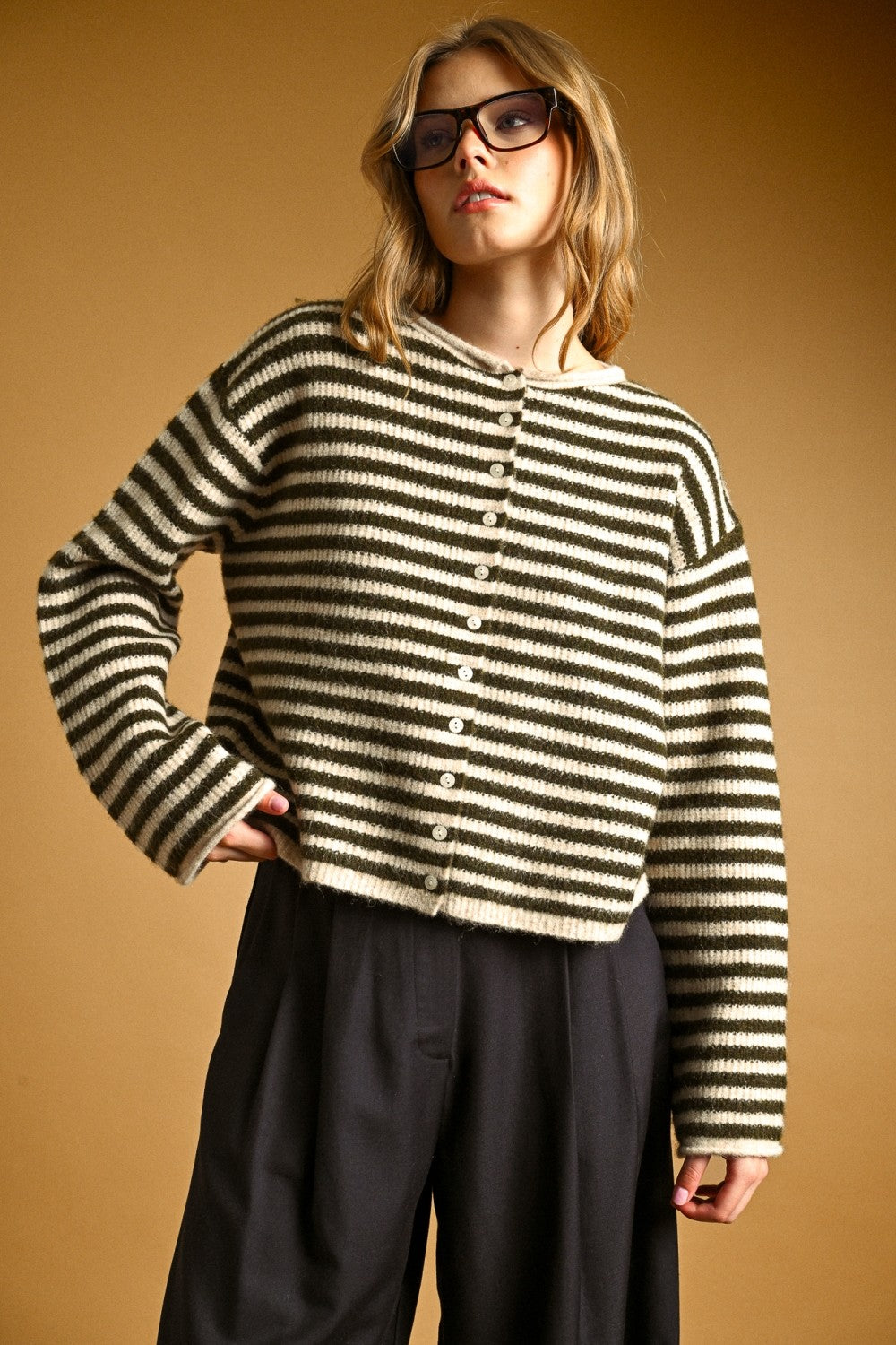 Relaxed Striped Button-Front Knit Cardigan