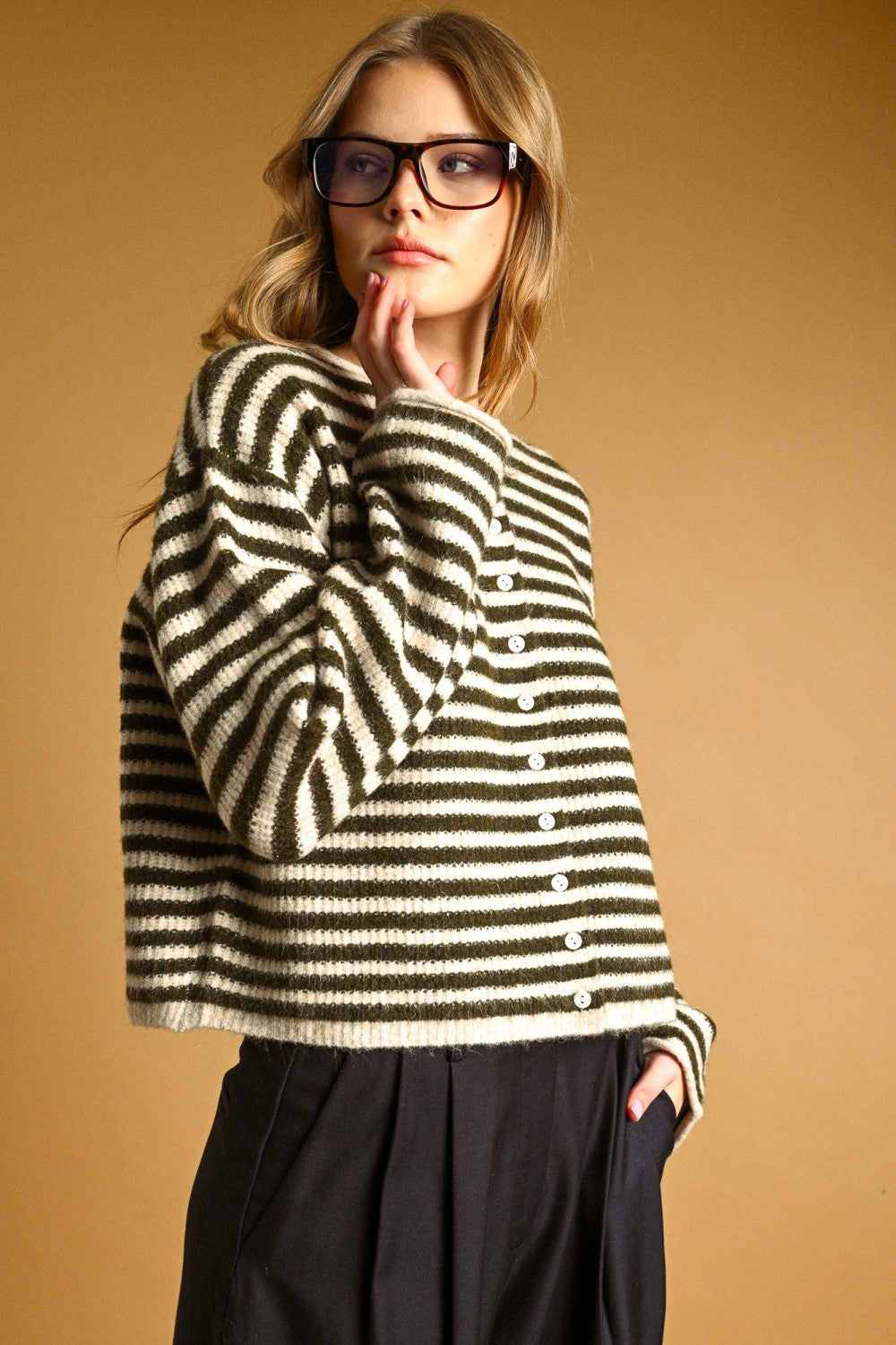 Relaxed Striped Button-Front Knit Cardigan