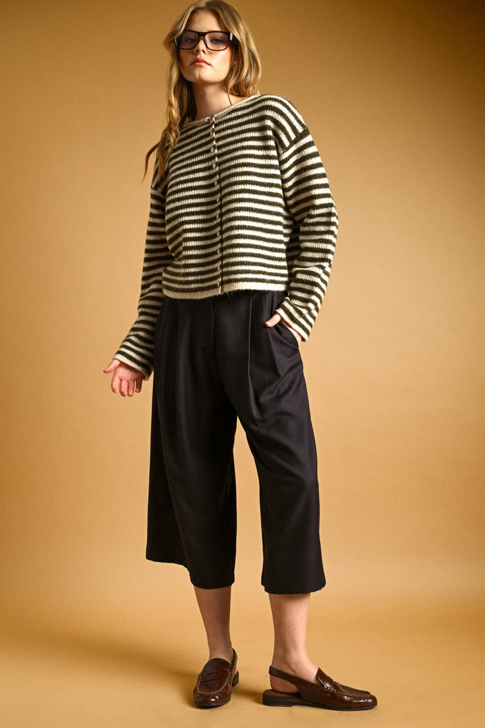 Relaxed Striped Button-Front Knit Cardigan