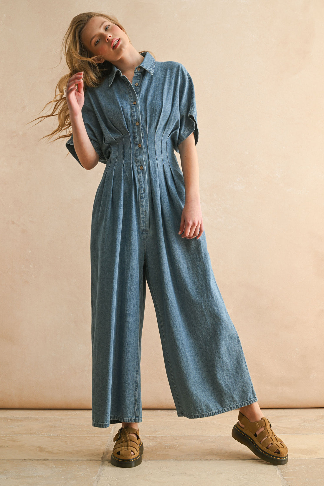 Denim Wide Leg Jumpsuit with Waist Pintuck Detail