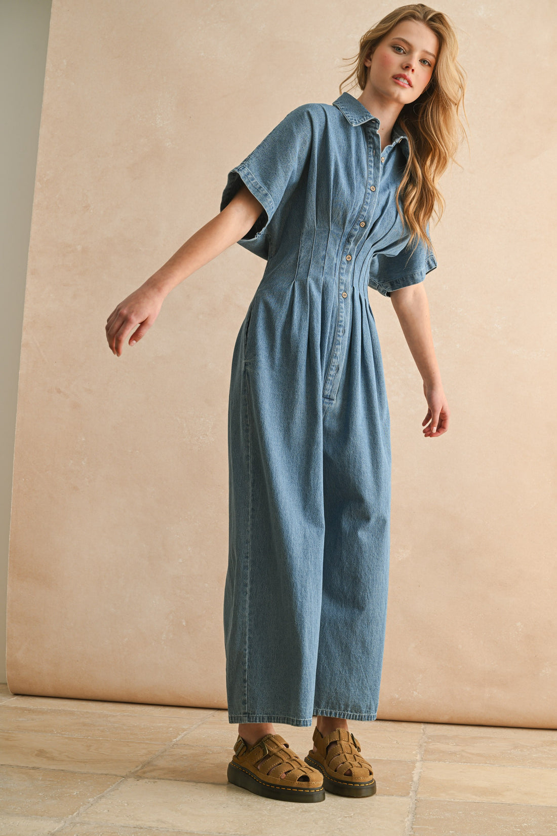 Denim Wide Leg Jumpsuit with Waist Pintuck Detail