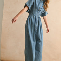 Denim Wide Leg Jumpsuit with Waist Pintuck Detail