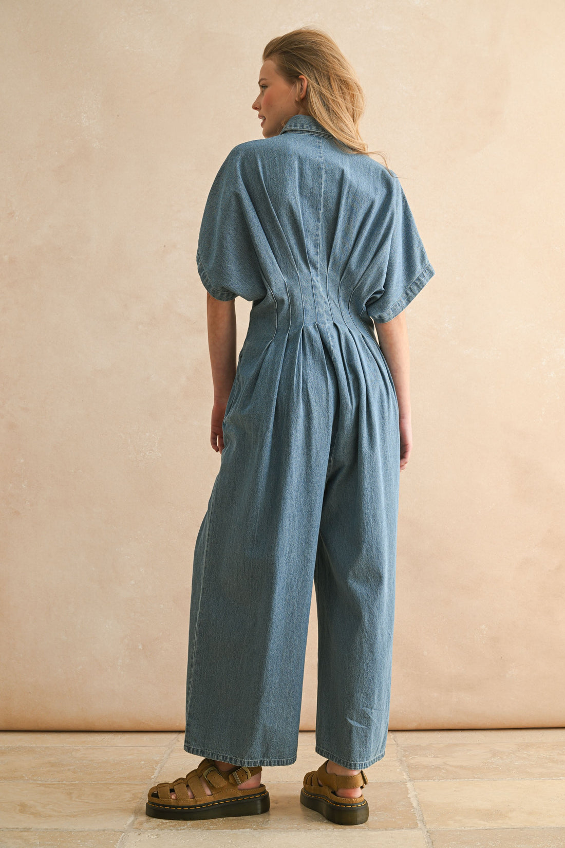 Denim Wide Leg Jumpsuit with Waist Pintuck Detail