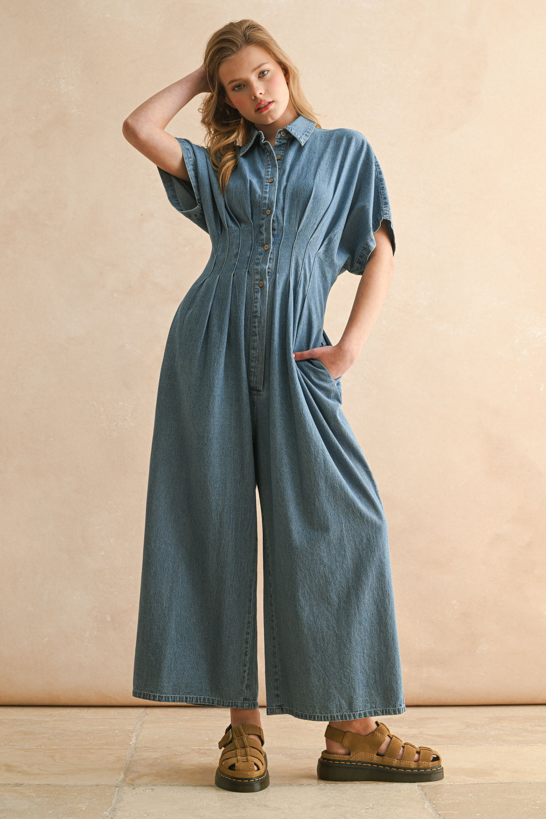 Denim Wide Leg Jumpsuit with Waist Pintuck Detail