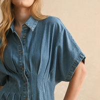 Denim Wide Leg Jumpsuit with Waist Pintuck Detail