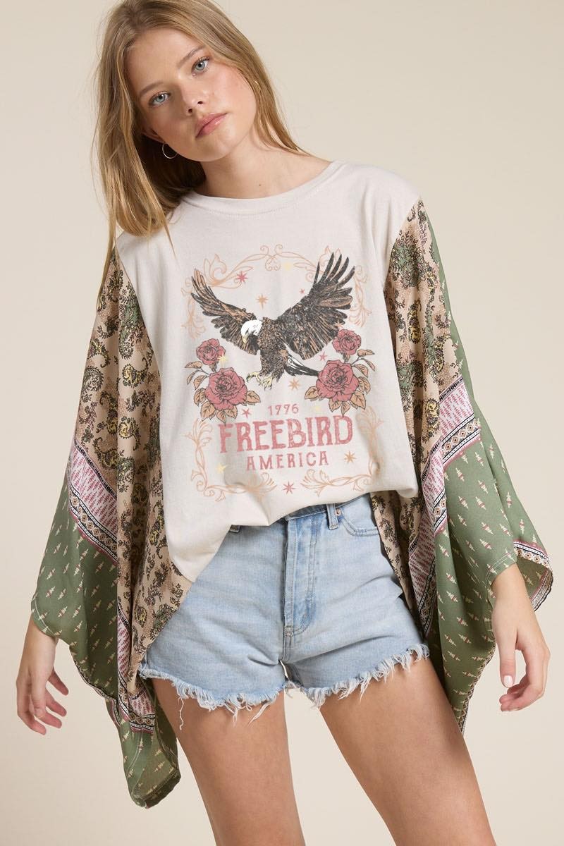 Free Bird America 1776 Boho Kaftan Sleeve Top