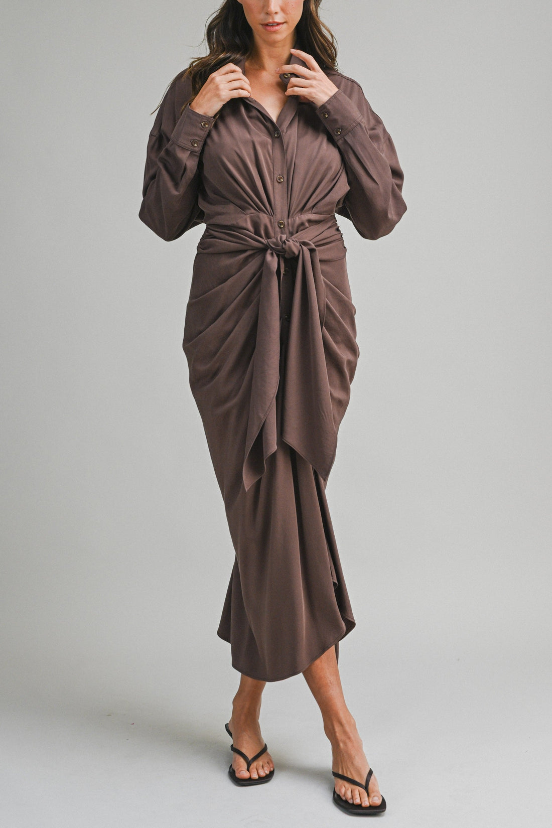 Tencel Ruched Front Tie Shirt Maxi Dress – Chocolate Brown