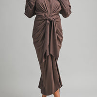 Tencel Ruched Front Tie Shirt Maxi Dress – Chocolate Brown