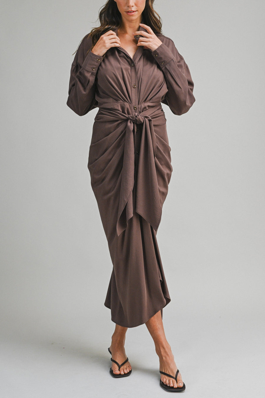 Tencel Ruched Front Tie Shirt Maxi Dress – Chocolate Brown