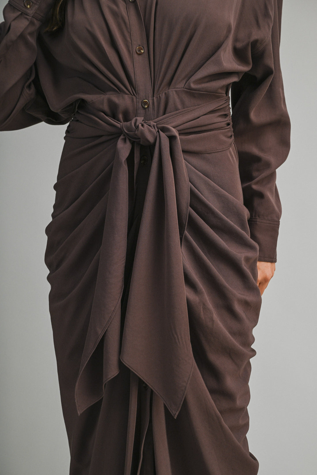 Tencel Ruched Front Tie Shirt Maxi Dress – Chocolate Brown