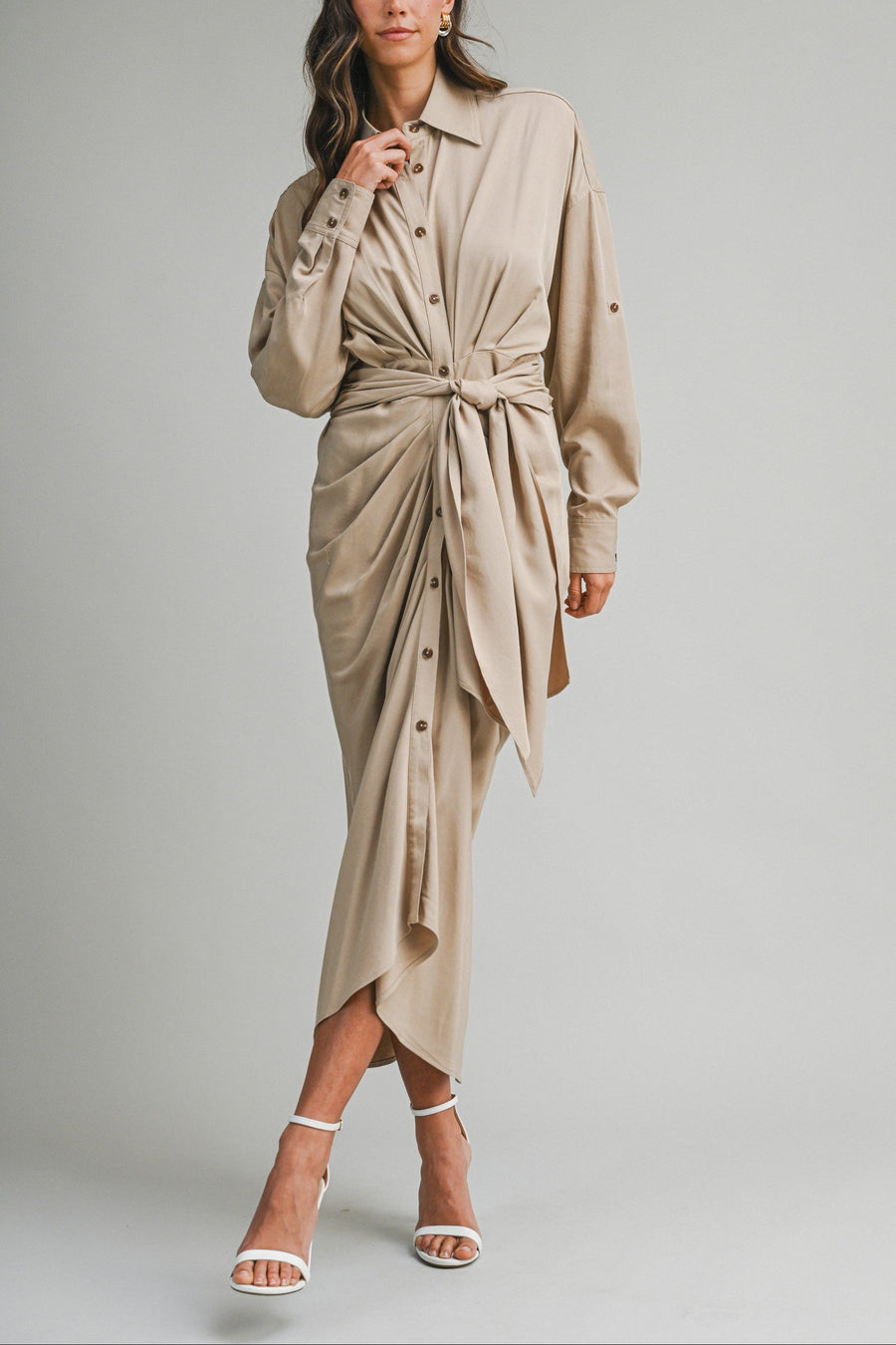 Tencel Ruched Front Tie Shirt Maxi Dress – Chocolate Brown