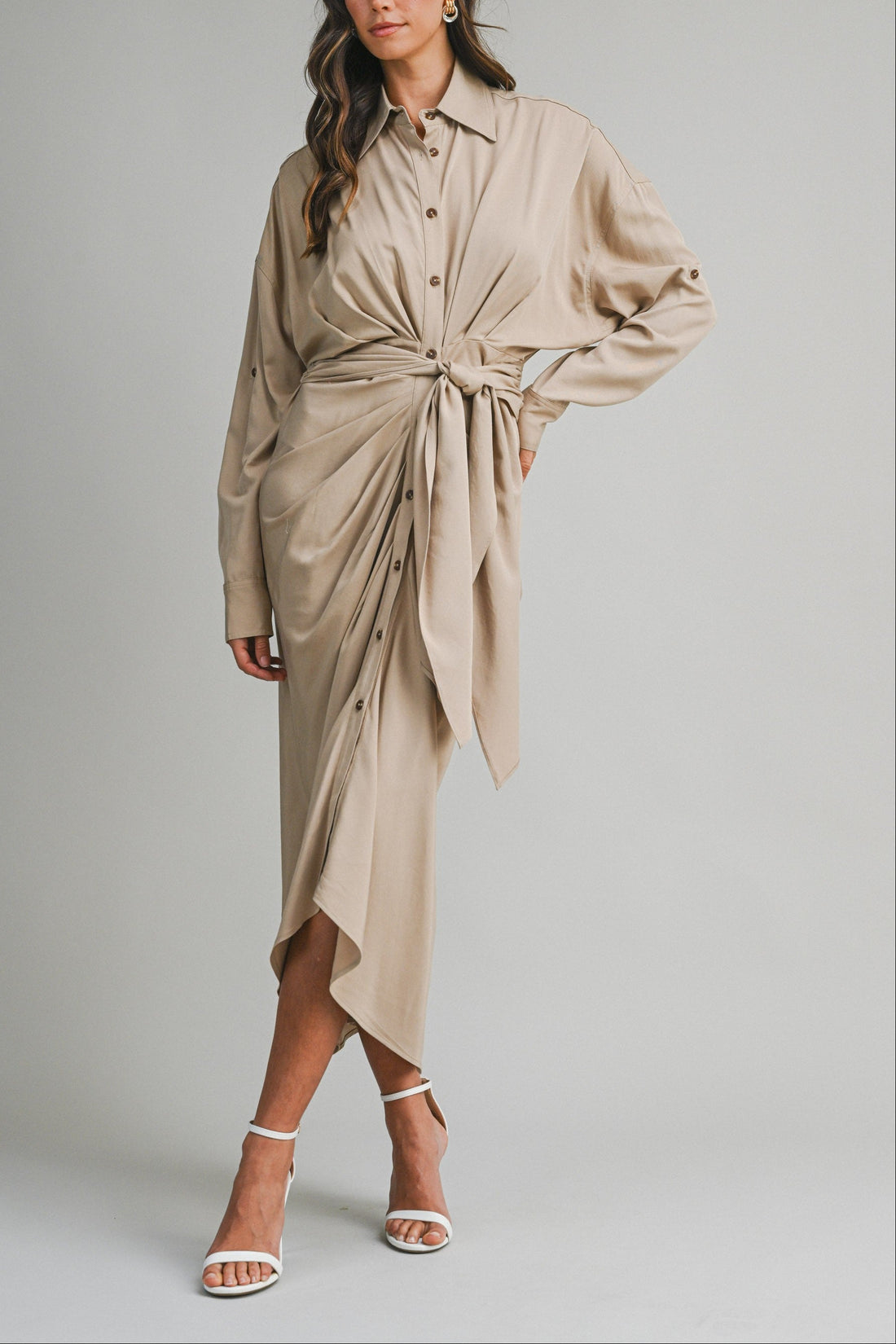 Tencel Ruched Front Tie Shirt Maxi Dress – Chocolate Brown