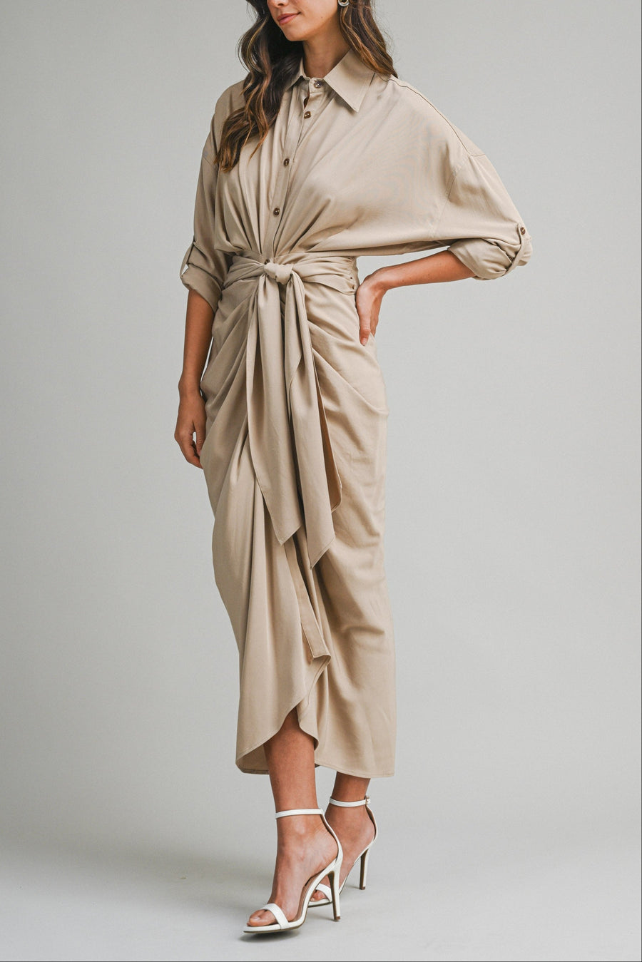 Tencel Ruched Front Tie Shirt Maxi Dress – Chocolate Brown