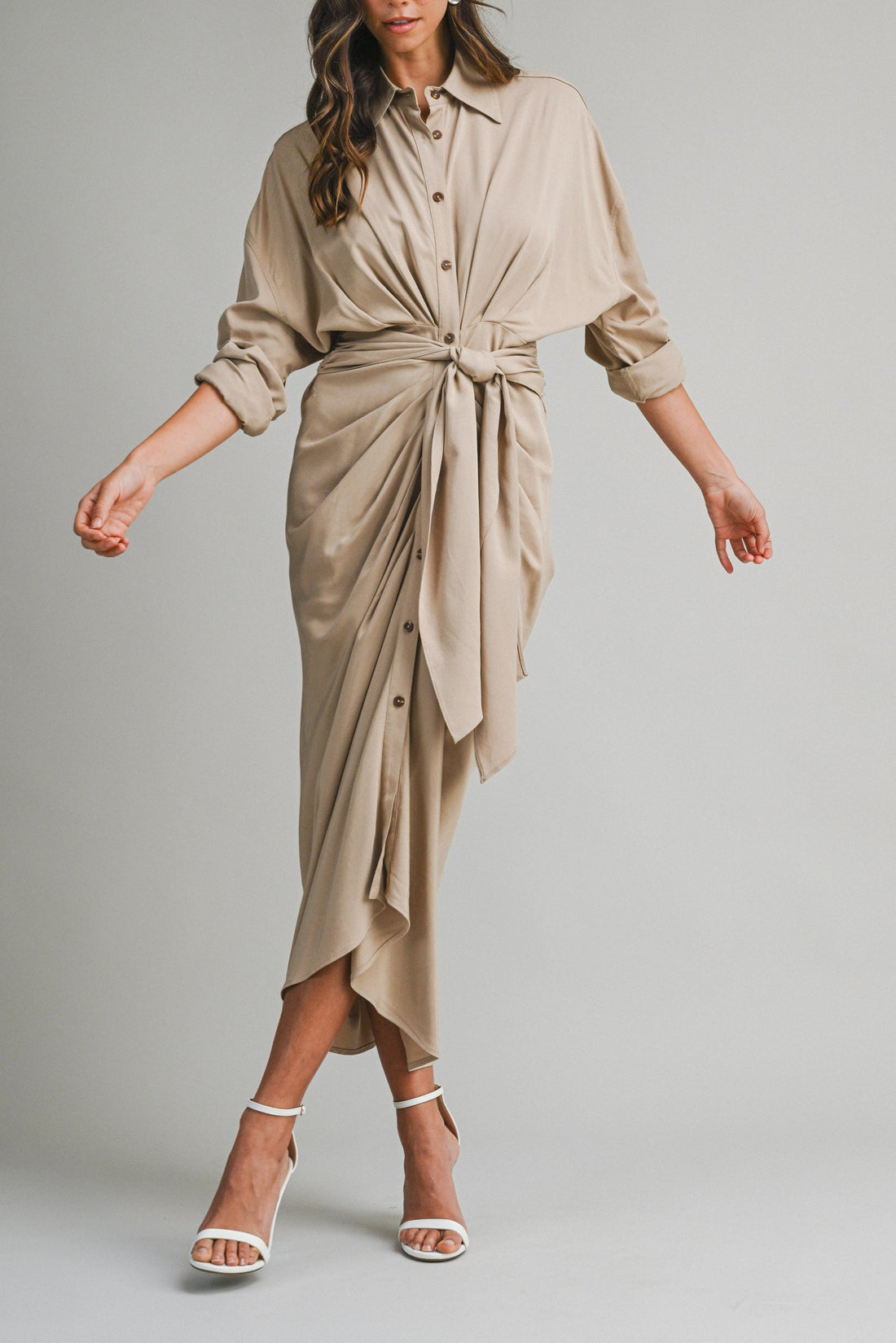 Tencel Ruched Front Tie Shirt Maxi Dress – Chocolate Brown