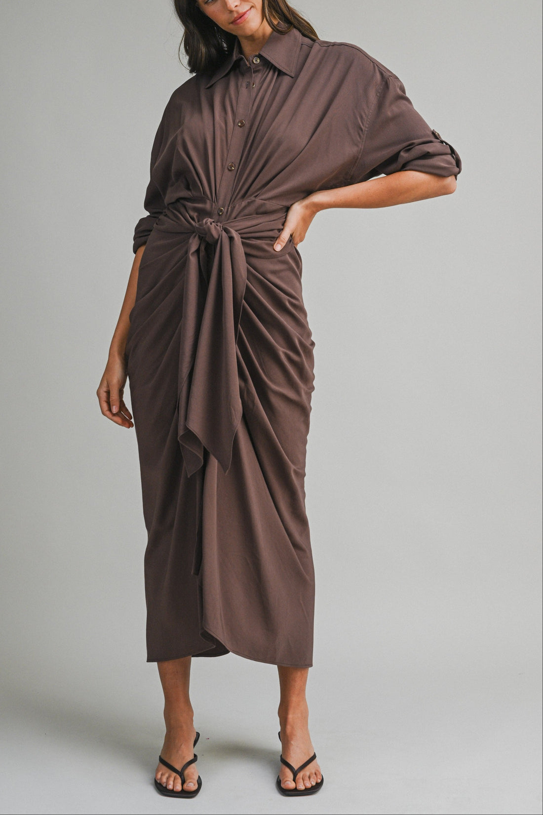 Tencel Ruched Front Tie Shirt Maxi Dress – Chocolate Brown